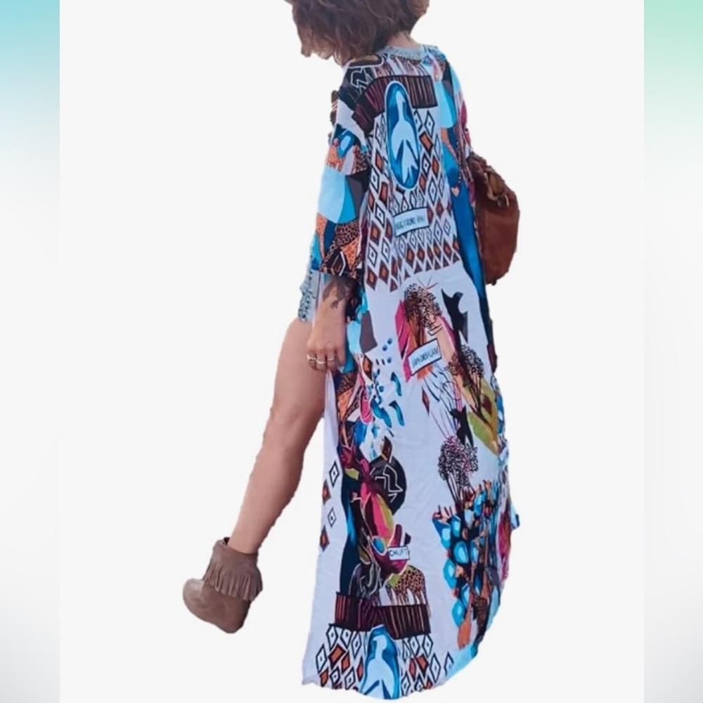 RANRUI Purple Bird Geometric Print Artsy Beachy Open Front Long Kimono O/S